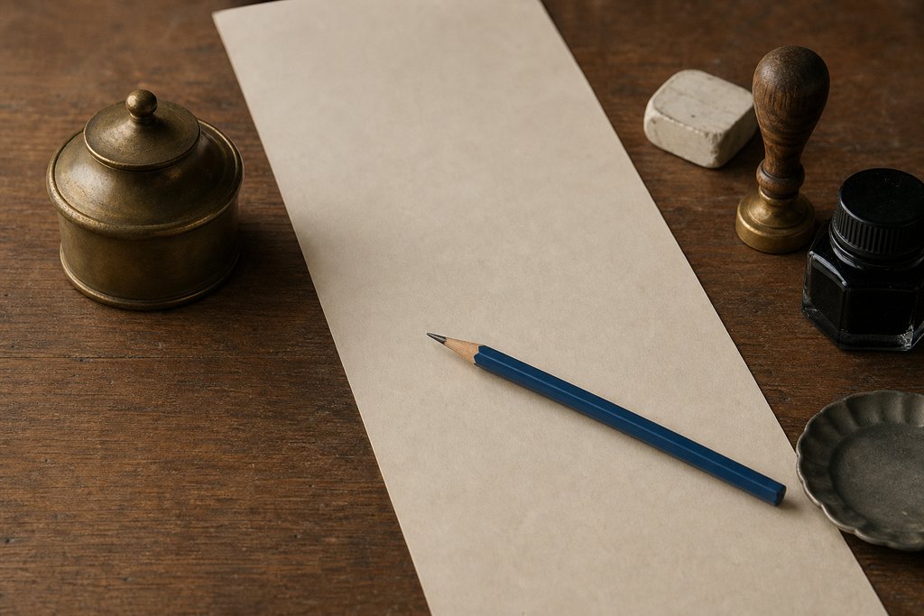 A sharpened blue proof-reading pencil lying diagonally across a long blank galley sheet on a wooden desk.