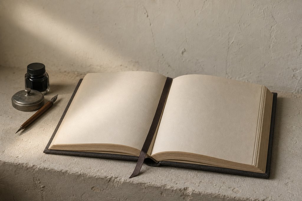 An open cloth-bound volume lying flat with a silk ribbon marker draped across its blank pages.