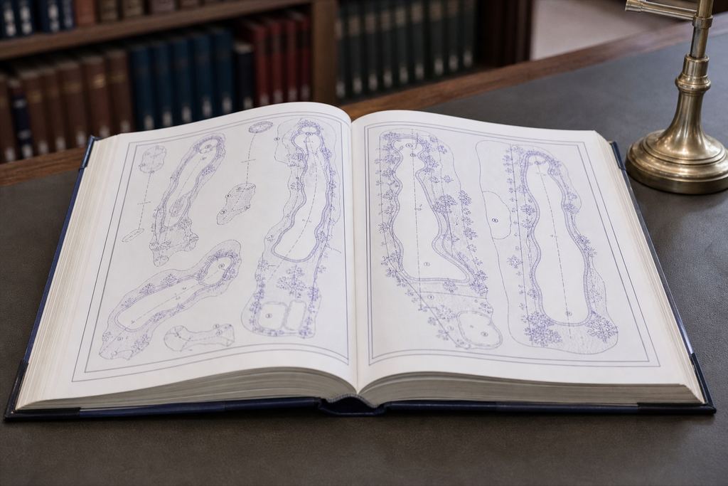 A large bound atlas of course maps open flat on a library table, two pages of hand-drawn hole diagrams visible.