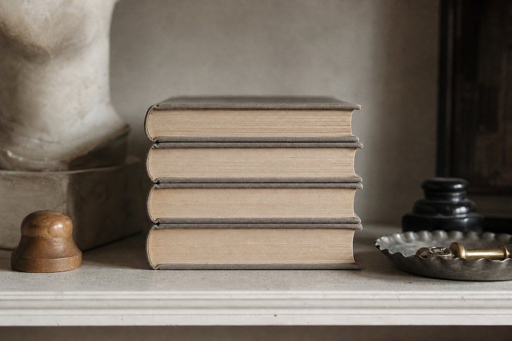 Four identical cloth-bound volumes stacked fore-edge outward on a plain shelf, no lettering visible.