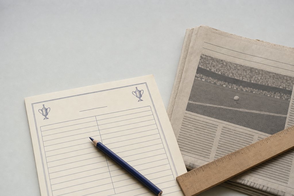 A printed tournament field list on cream paper with blank ruled entry rows, a folded newspaper sports section and a wooden ruler beside it, an indigo pencil resting on the form.