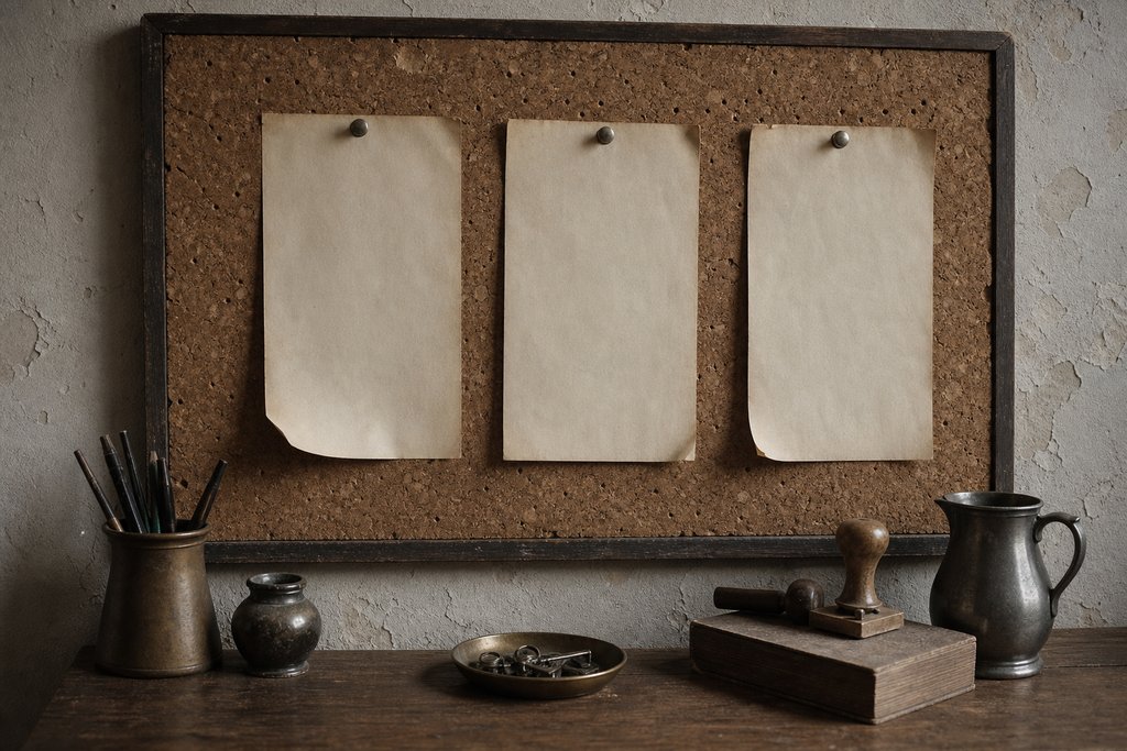 Three blank unprinted paper forms pinned in a row to a worn cork noticeboard.