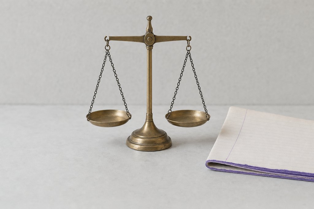 A small brass balance scale with two empty pans hanging level, beside a folded sheet of ruled paper.