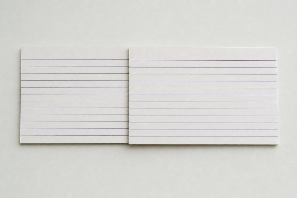 Two identical blank ruled record cards side by side on a pale grey surface, the right overlapping the left.