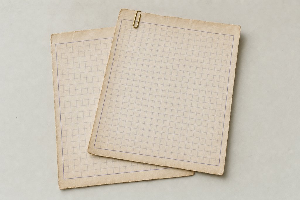 Two aged sheets of paper overlapping at a slight angle, each ruled into a blank grid, a brass paper clip on one corner.