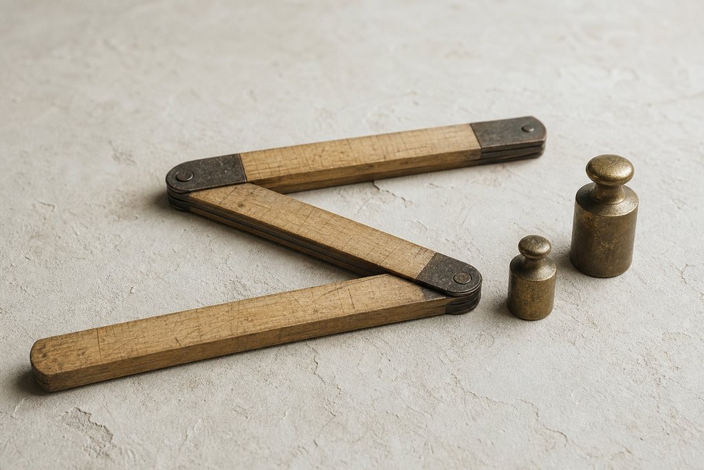 A folding boxwood rule opened into a shallow zigzag beside two plain brass weights on a pale plastered surface.