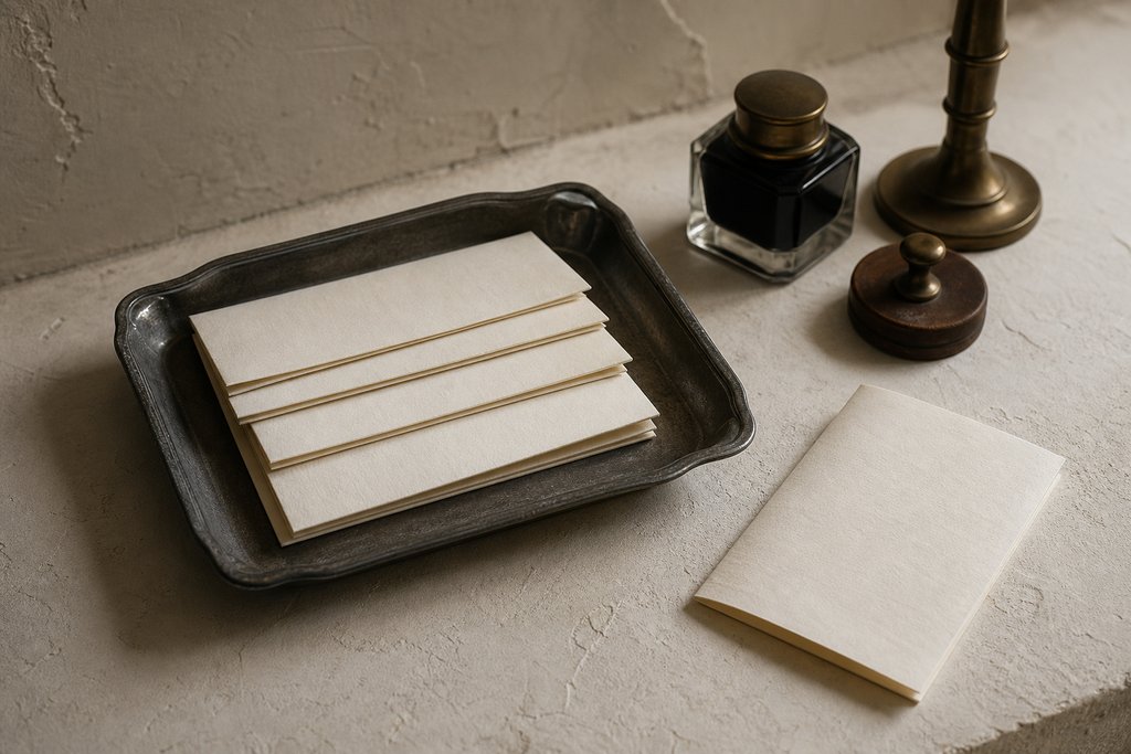 A shallow pewter correspondence tray holding four folded blank sheets of writing paper, one resting beside it.