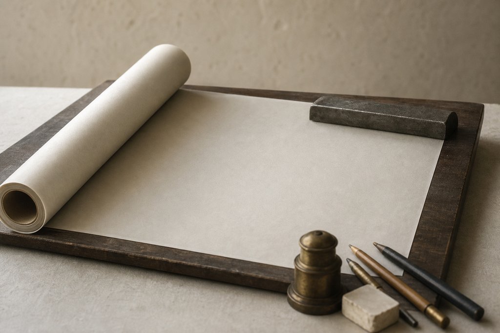 A roll of blank architect’s tracing paper partly unrolled on a drafting board, held flat by a plain metal weight.