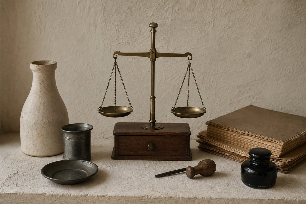 A small brass balance beam with two empty shallow pans hanging level on a plastered surface.