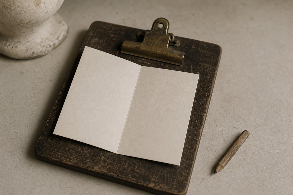 A blank unprinted folded card clipped to a worn wooden clipboard, a short stub of pencil resting beside it.