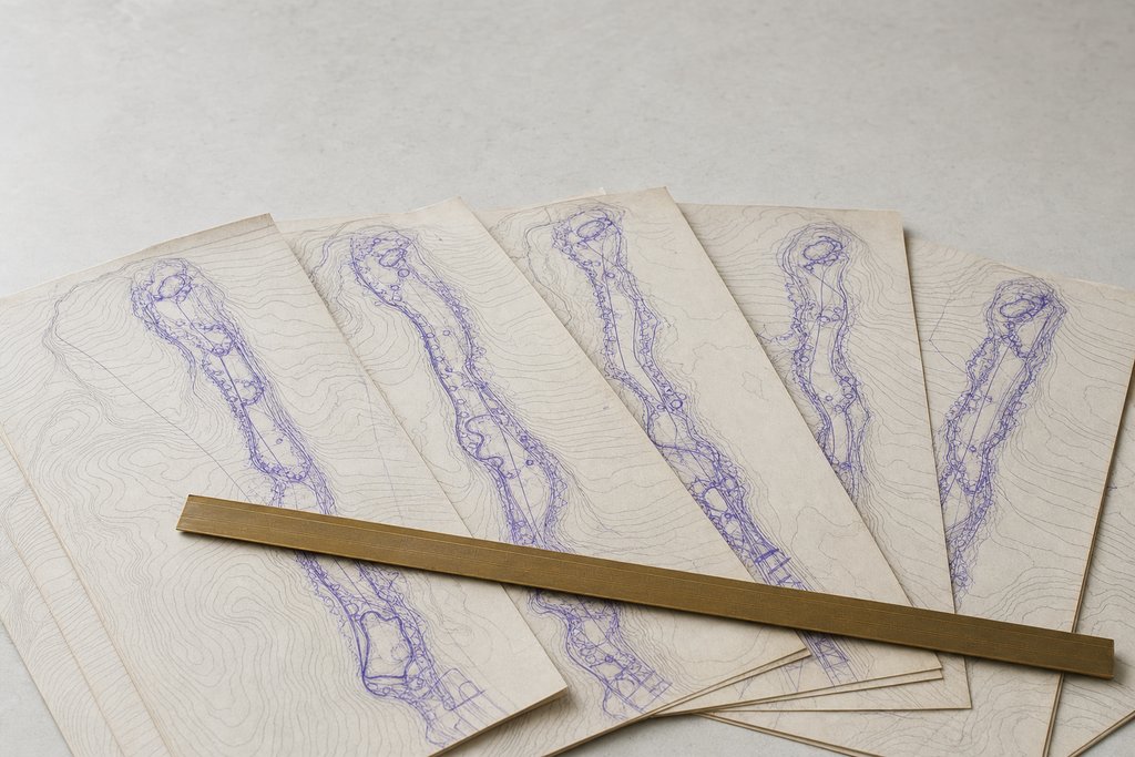 Several sheets of drafting paper fanned out flat, each carrying inked contour lines and a narrow routing diagram, a brass scale rule laid across them.