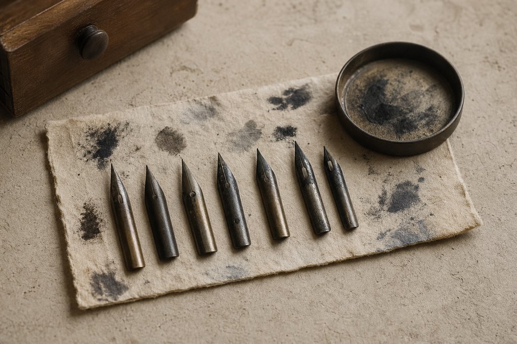 Seven steel pen nibs laid in a row on a sheet of smudged blotting paper beside a small tin lid.