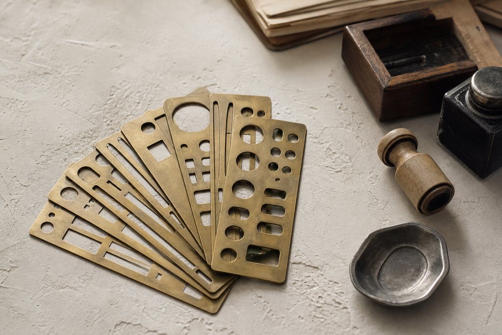 A fan of thin brass stencil plates on a plastered surface, their cut-outs plain geometric slots with no letters or numerals.