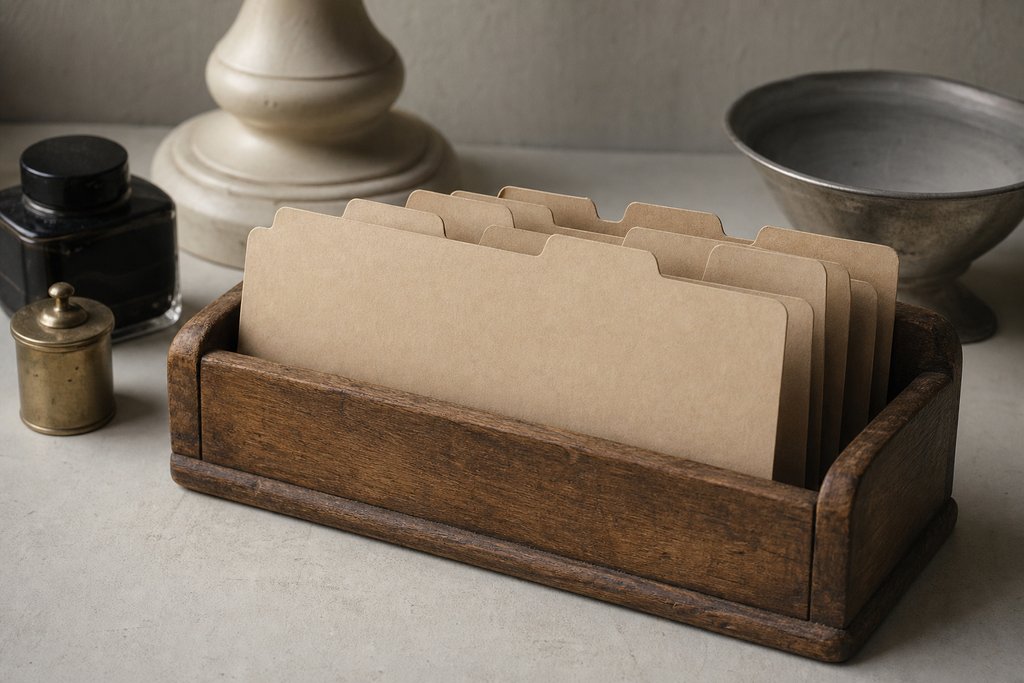 Blank unlabelled card-index divider tabs standing upright in a shallow wooden holder.