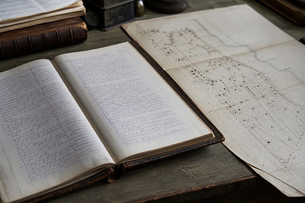 An antique leather-bound club minute book lying open beside a folded nineteenth-century survey map, both worn.