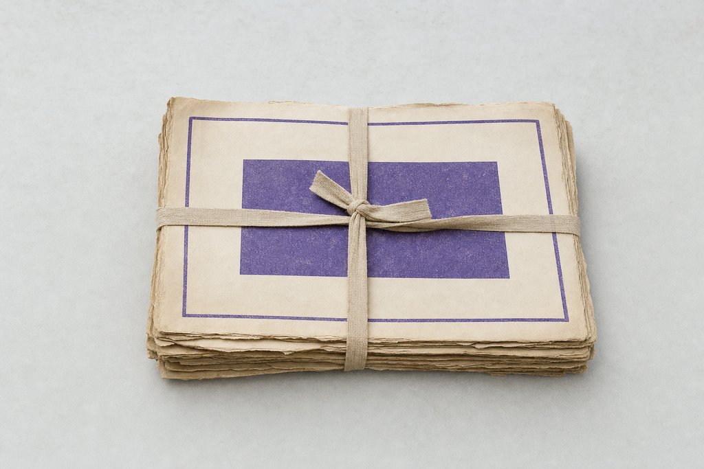 A stack of aged single-sheet circulars tied crosswise with flat linen tape, the edges uneven.