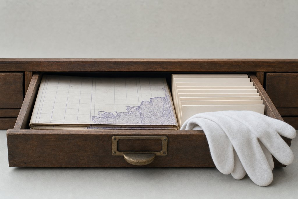 A shallow wooden archive drawer pulled open, holding folded survey sheets and a row of blank index cards on edge, with a cotton conservation glove over the drawer lip.