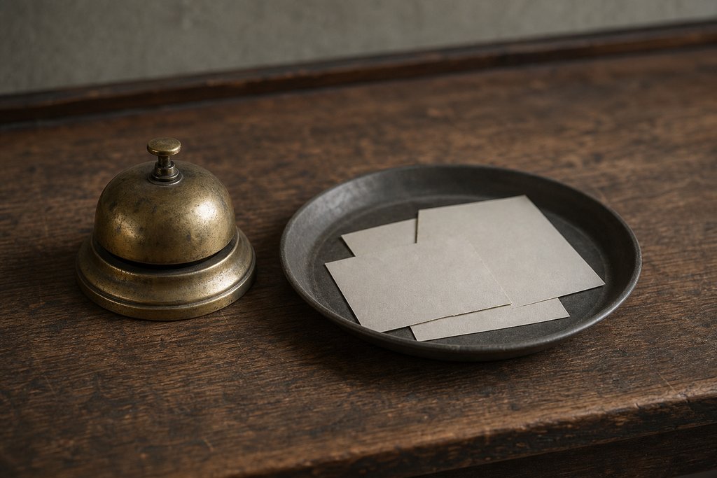A tarnished brass counter bell beside a shallow pewter tray holding three blank unprinted paper slips.