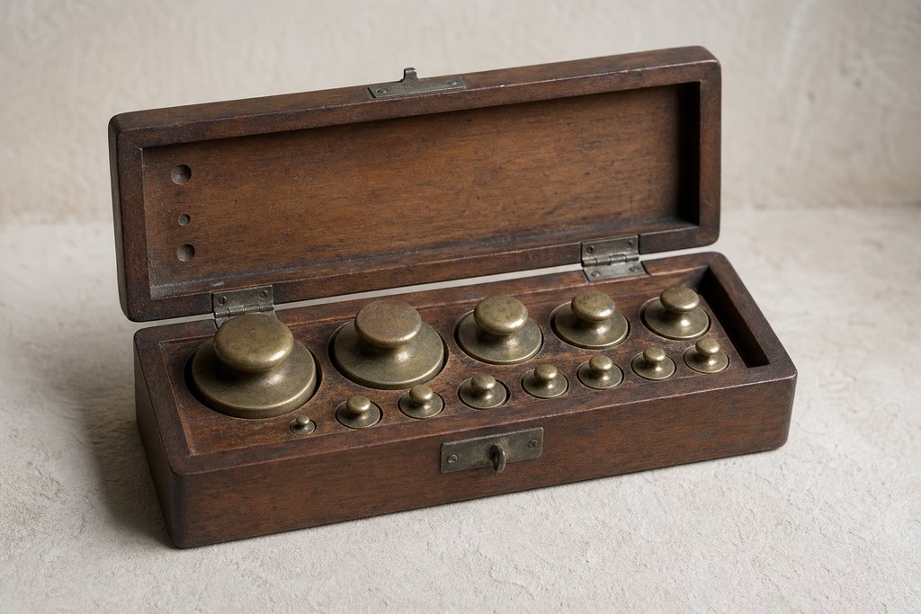 A fitted wooden case of nested brass calibration weights with its lid open, seated in their turned recesses.