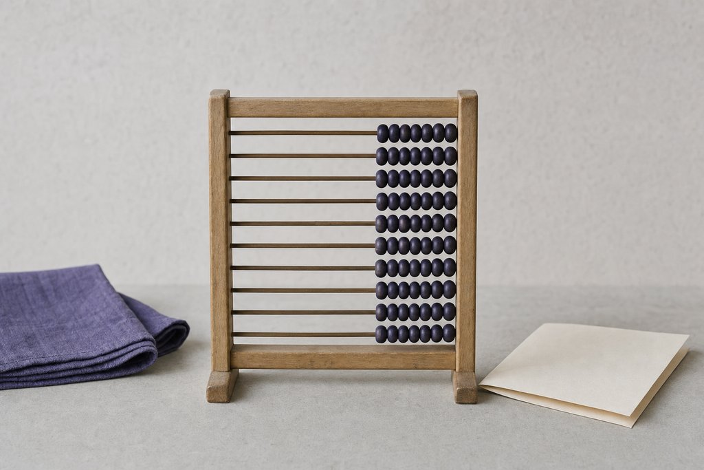 A small wooden counting frame with rows of dark beads pushed to one side, beside a folded blank sheet.