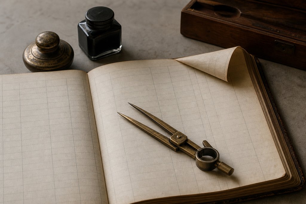 A pair of brass drawing dividers resting on an open ledger page whose ruled columns are entirely empty.
