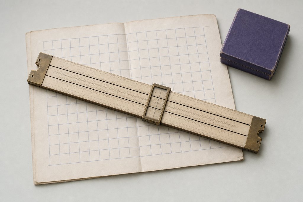 A brass and boxwood slide rule lying diagonally on a folded sheet printed with a blank grid of empty cells.