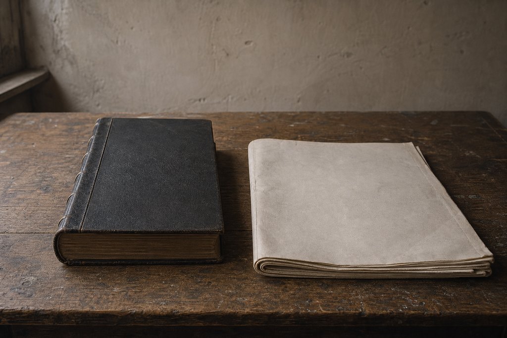 A closed leather-bound minute book lying beside a folded blank broadsheet sheet on a worn wooden table.
