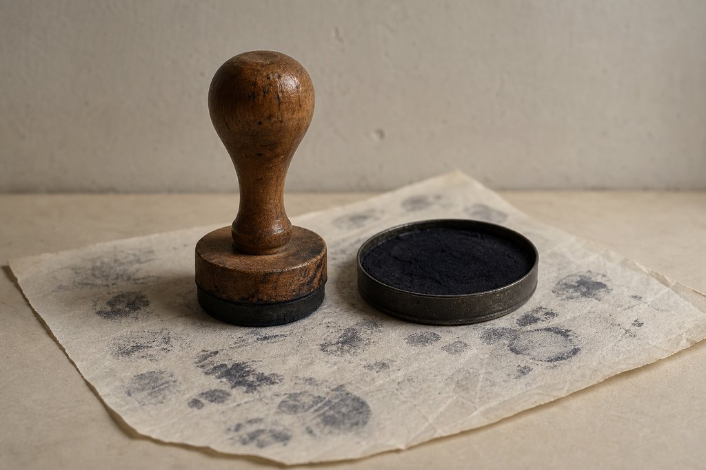 A wooden-handled date stamp standing beside a tin ink pad on blotting paper marked with illegible ink smudges.