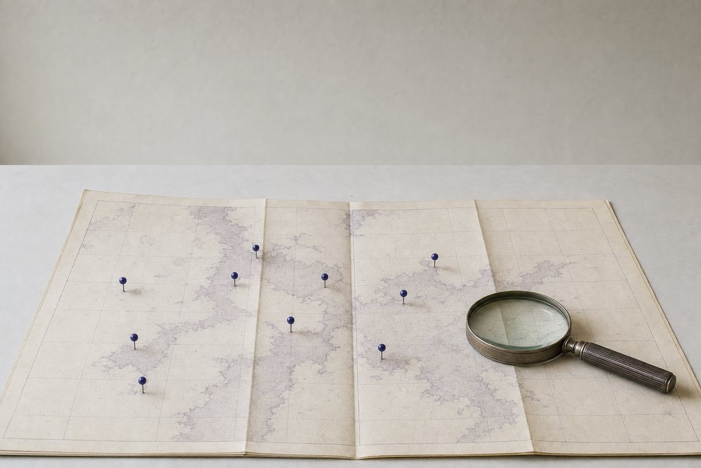 A folded paper wall map spread on a drafting table, small indigo pins pressed into it and a glass magnifier resting on the paper beside them.