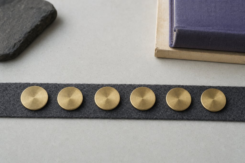 A row of small unmarked brass survey discs laid out in a line on dark grey felt.
