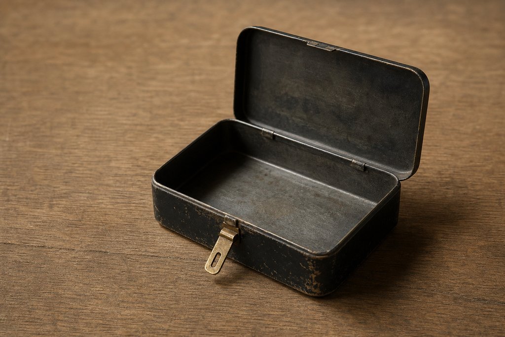 An open japanned deed box on a plain table, lid raised on its hinge, the interior empty and unlined.