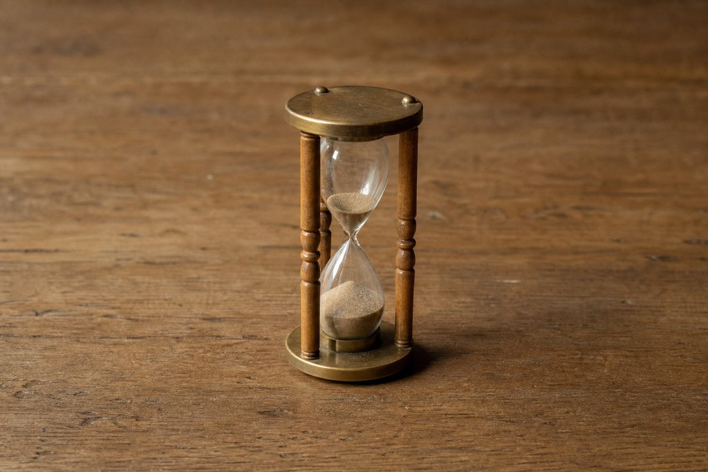 A small brass-and-boxwood hourglass standing on a bare wooden table, the sand mostly run through to the lower bulb.