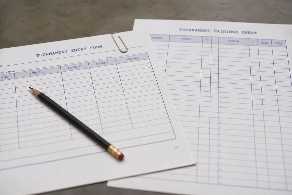 A printed tournament entry form and pairings sheet overlapping on a matte grey table, with a pencil and a paper clip.