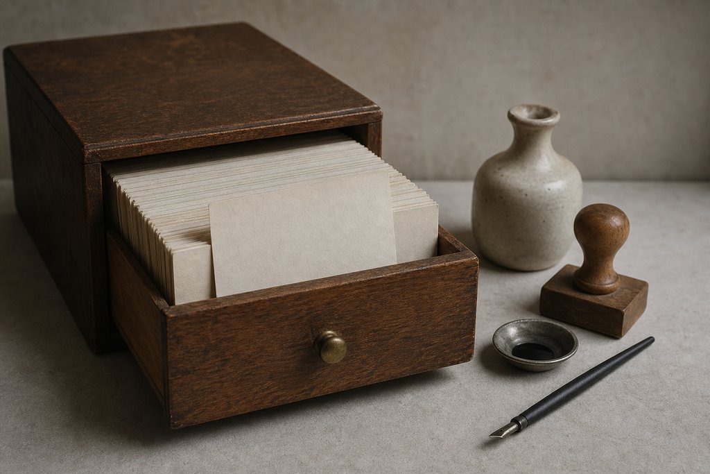 A wooden card index drawer pulled half open and packed with blank unwritten index cards, one standing proud of the rest.