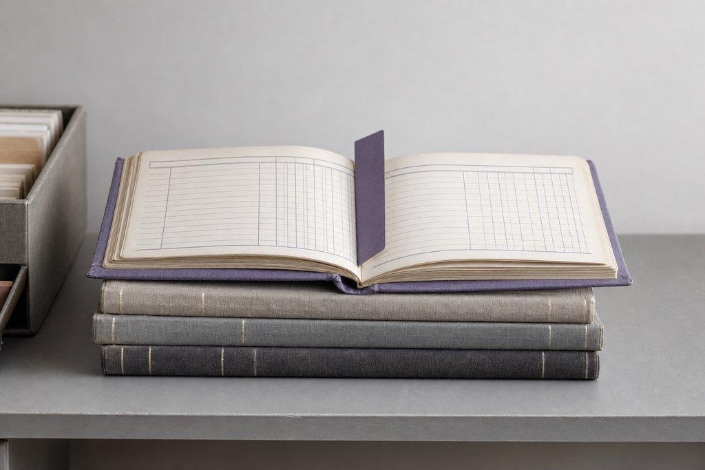 A short stack of cloth-bound record books, the topmost lying open to reveal ruled and empty score columns, a paper tab marker standing between the pages.