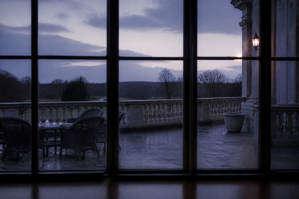 An empty private clubhouse terrace at dusk, wicker chairs and a stone balustrade seen through tall windows from inside.