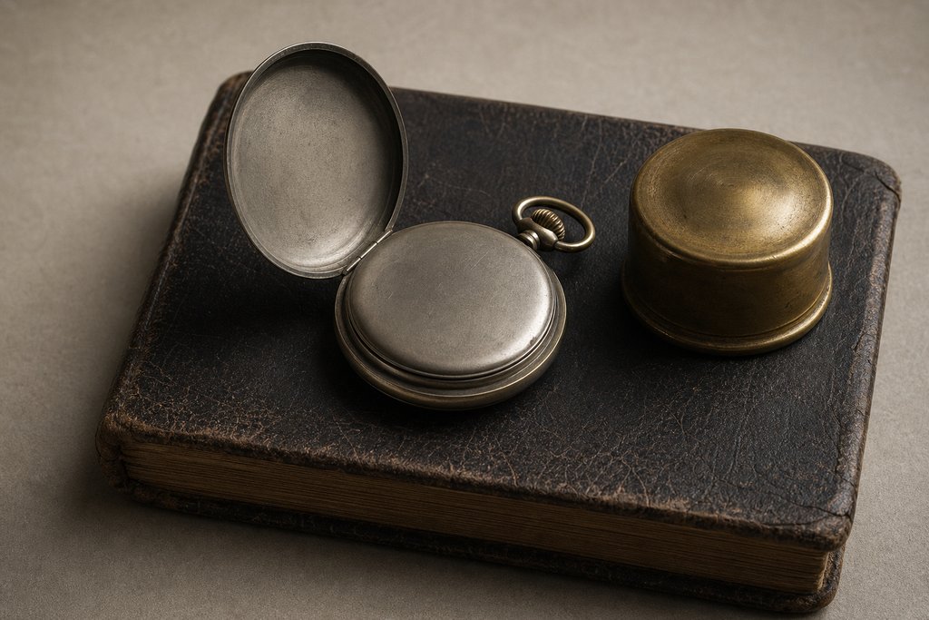 An open pocket watch lying face down on a closed leather desk diary beside a plain brass weight.